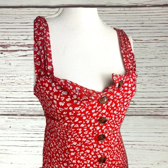 Joyous Red Floral Button Front Midi Dress – Smocked Back – Size M - Picture 7 of 8